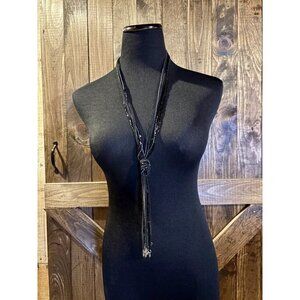 Black Beaded Y Shape Lariat Tassel Necklace Toggle Clasp Long Cord